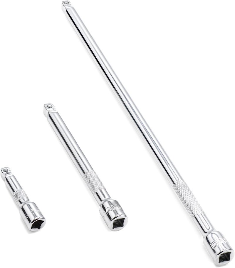 DAZCOS 3 Pieces 1/4 Inch Drive Wobble Extension Set Includes 2 4 9 Inch Extensions Premium Chrome Vanadium Steel with Mirror Finish - Image 1